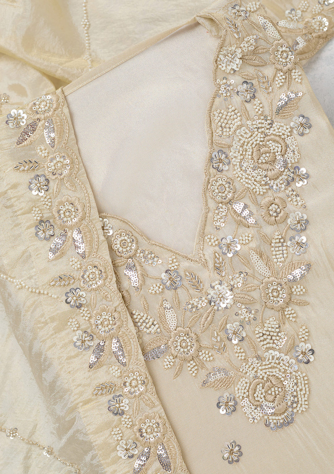 Cream Aariwork Semi Crepe Unstitched Salwar Suit