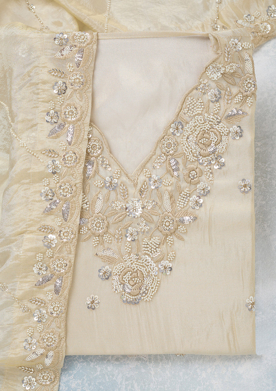Cream Aariwork Semi Crepe Unstitched Salwar Suit