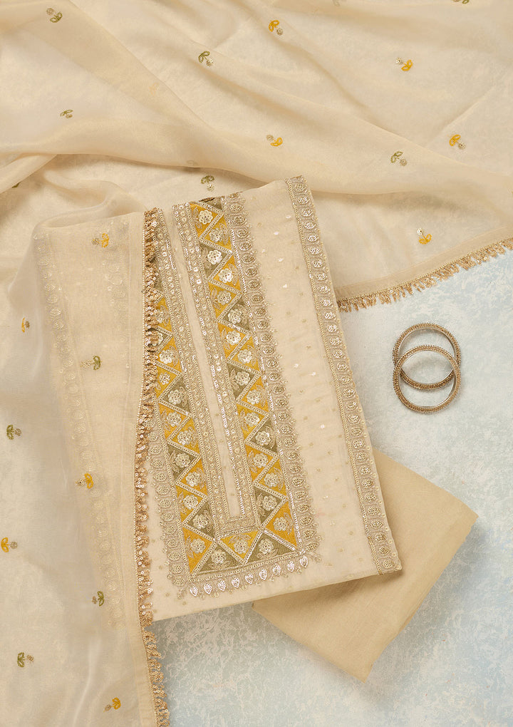 Beige Threadwork Tissue Unstitched Salwar Suit