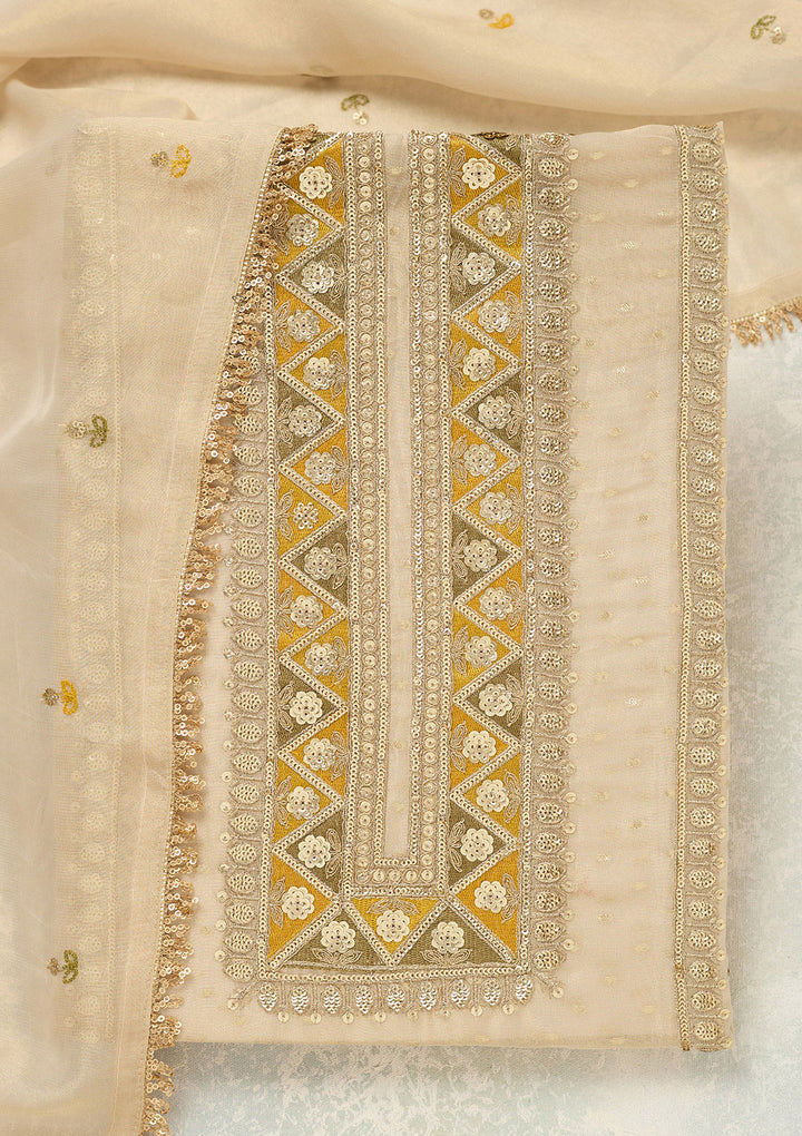 Beige Threadwork Tissue Unstitched Salwar Suit