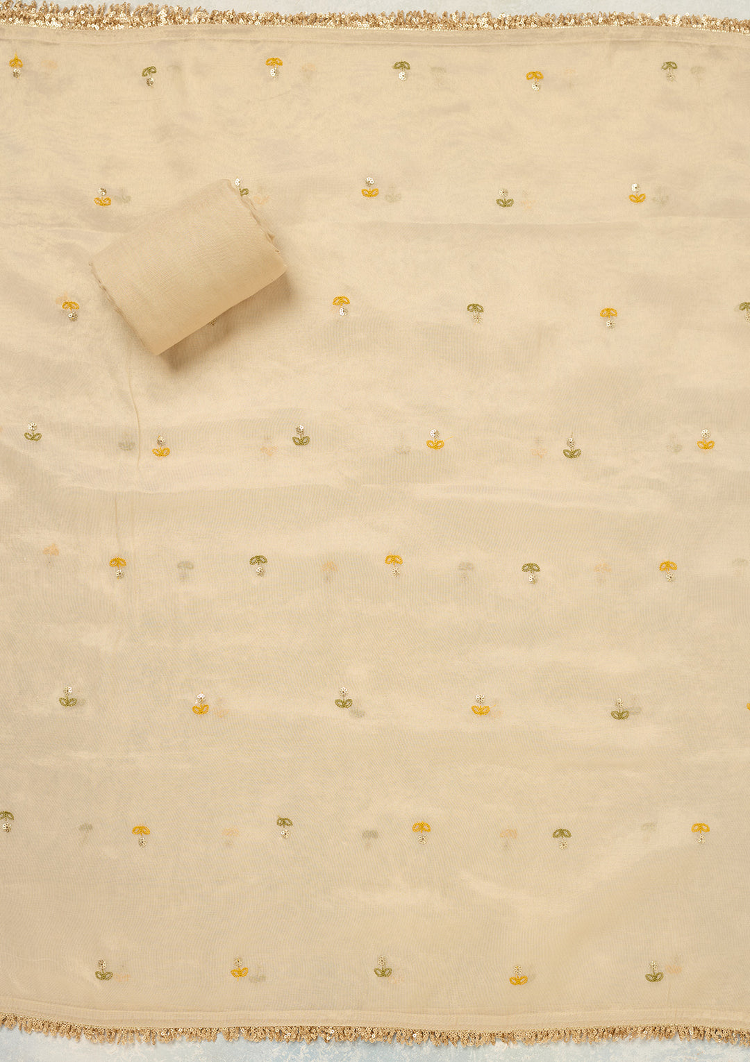 Beige Threadwork Tissue Unstitched Salwar Suit