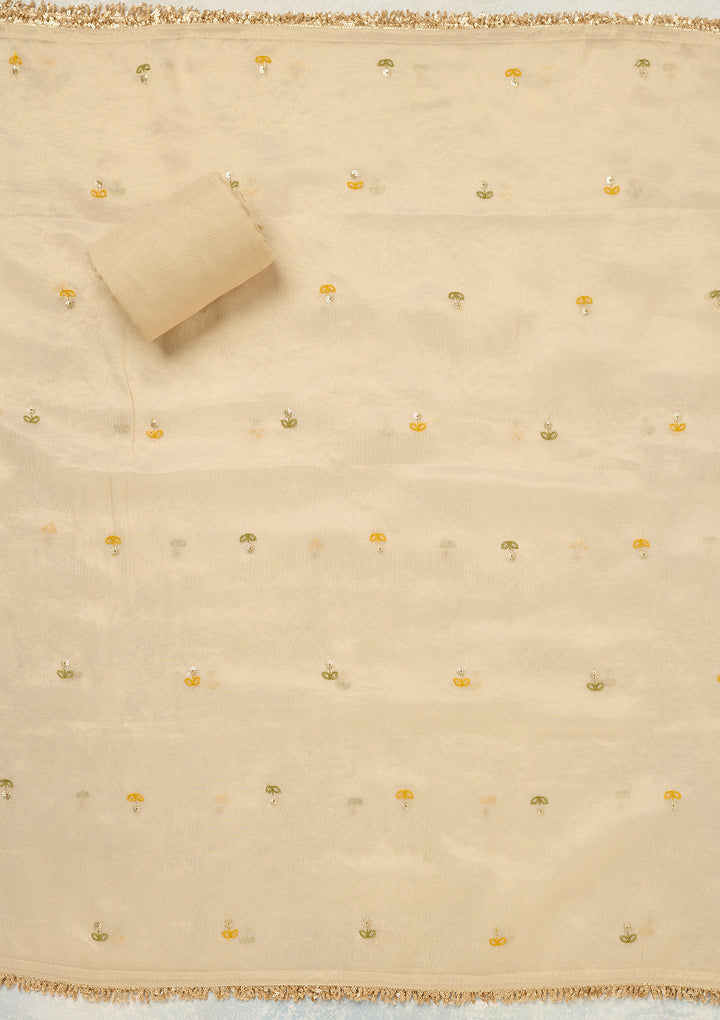 Beige Threadwork Tissue Unstitched Salwar Suit