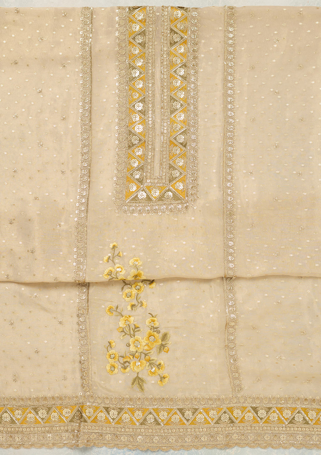 Beige Threadwork Tissue Unstitched Salwar Suit