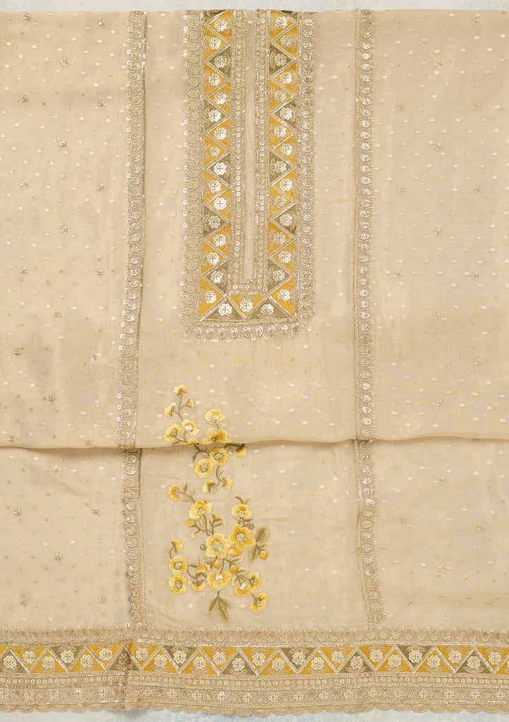 Beige Threadwork Tissue Unstitched Salwar Suit