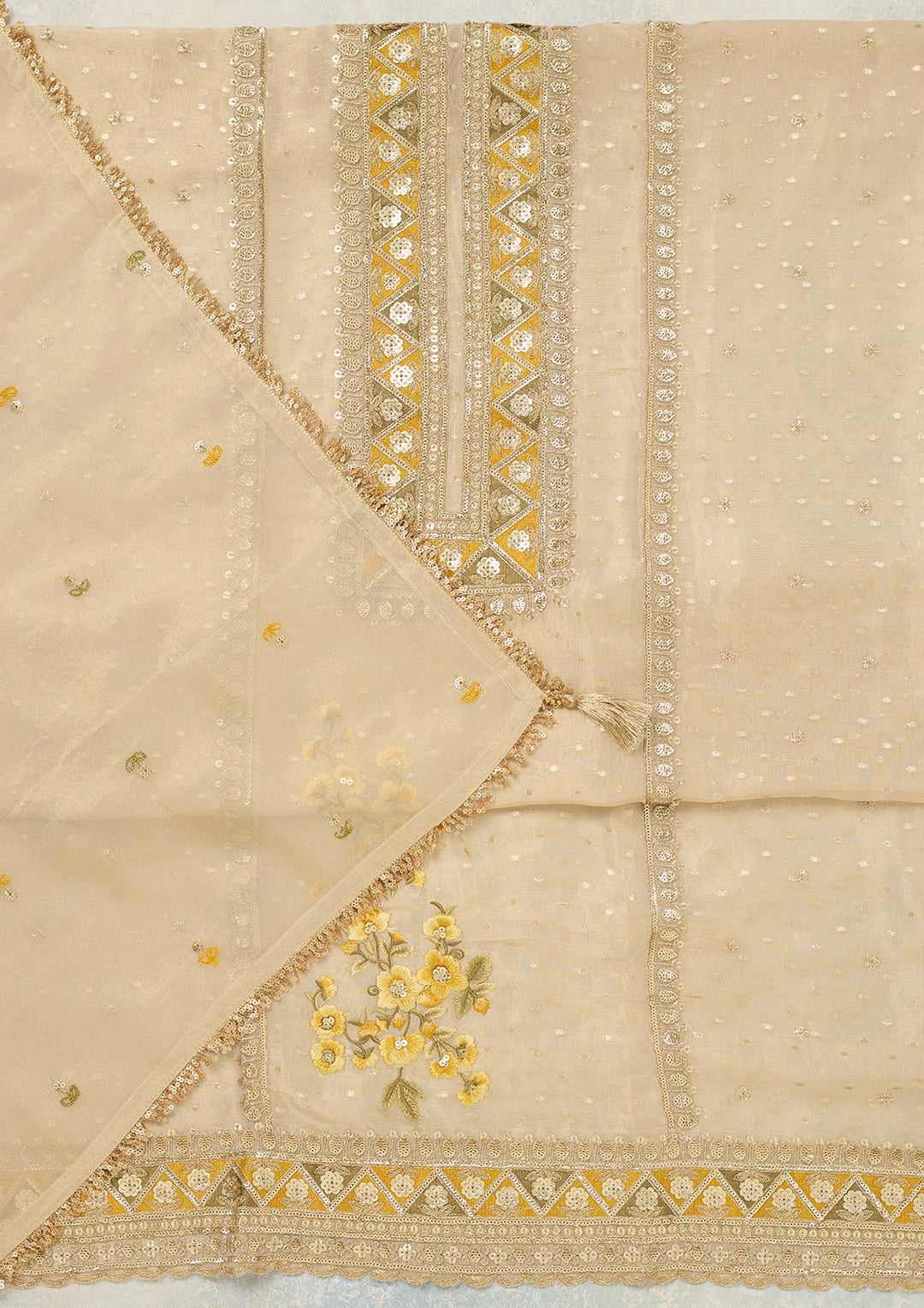 Beige Threadwork Tissue Unstitched Salwar Suit
