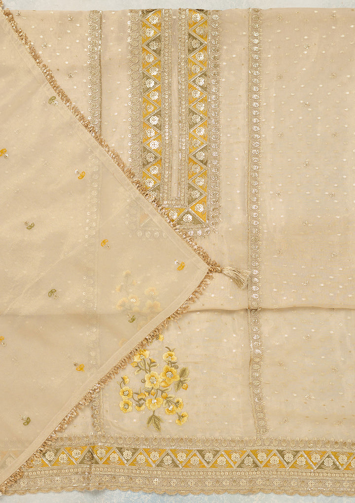 Beige Threadwork Tissue Unstitched Salwar Suit