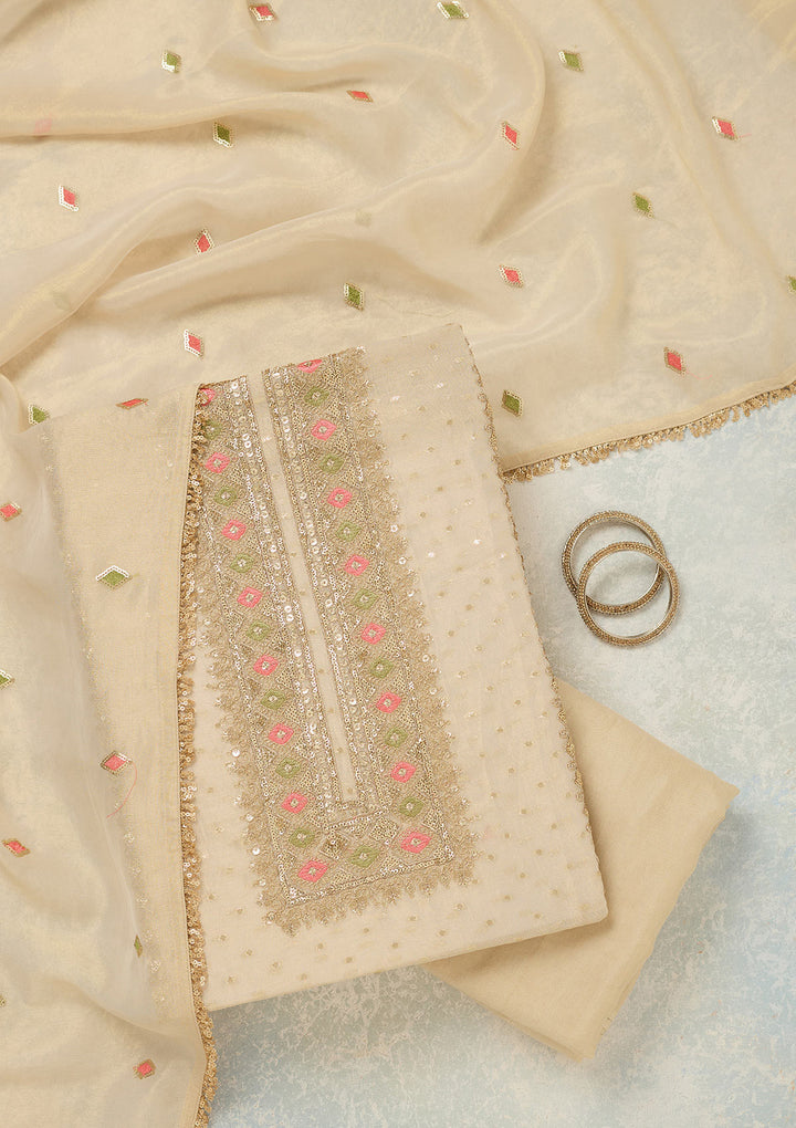 Beige Threadwork Tissue Unstitched Salwar Suit