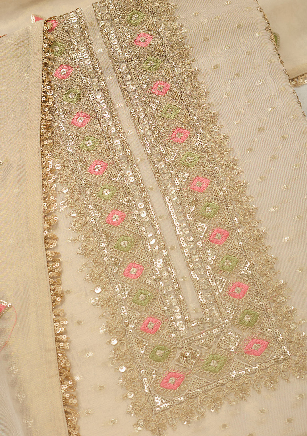 Beige Threadwork Tissue Unstitched Salwar Suit