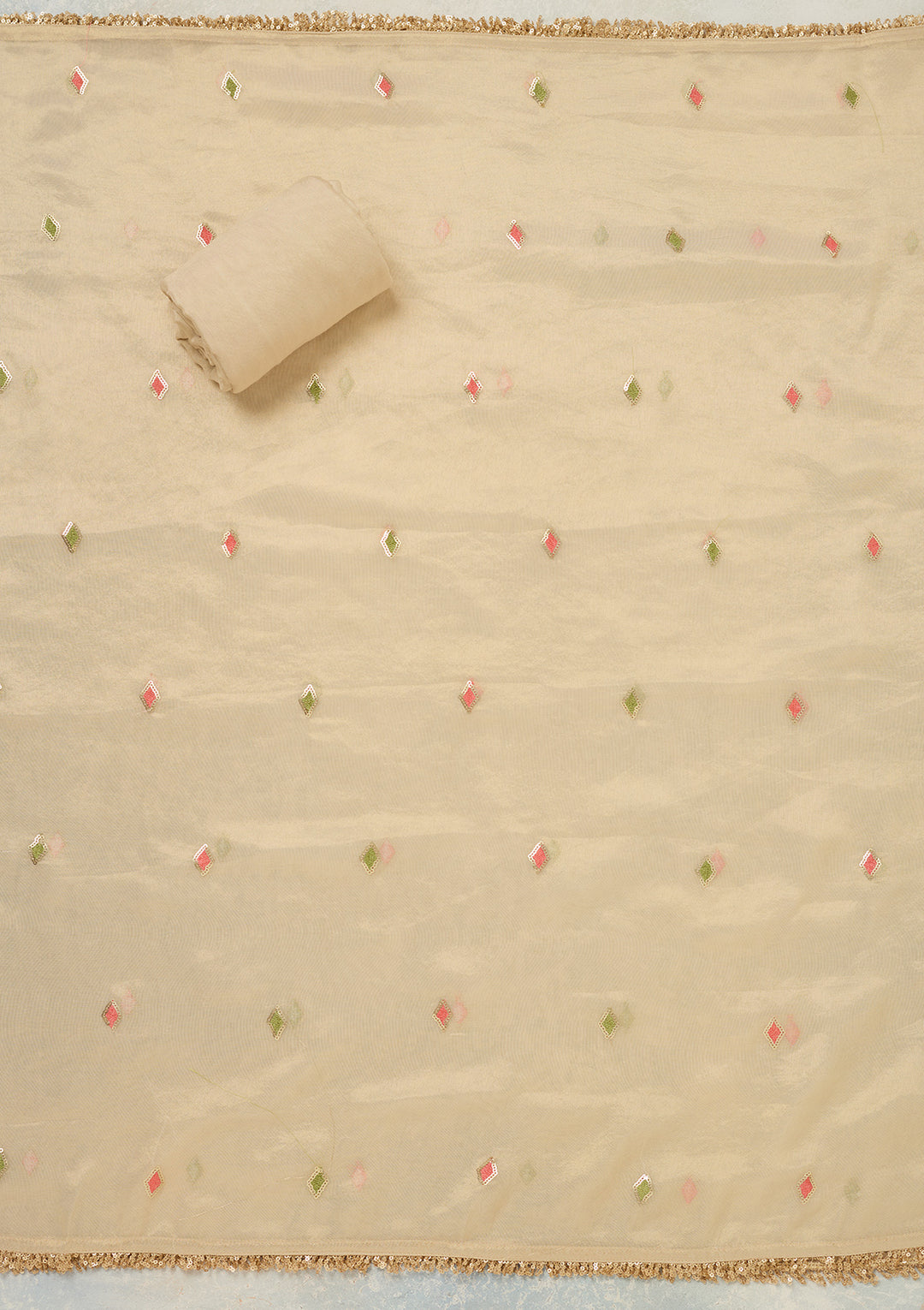 Beige Threadwork Tissue Unstitched Salwar Suit