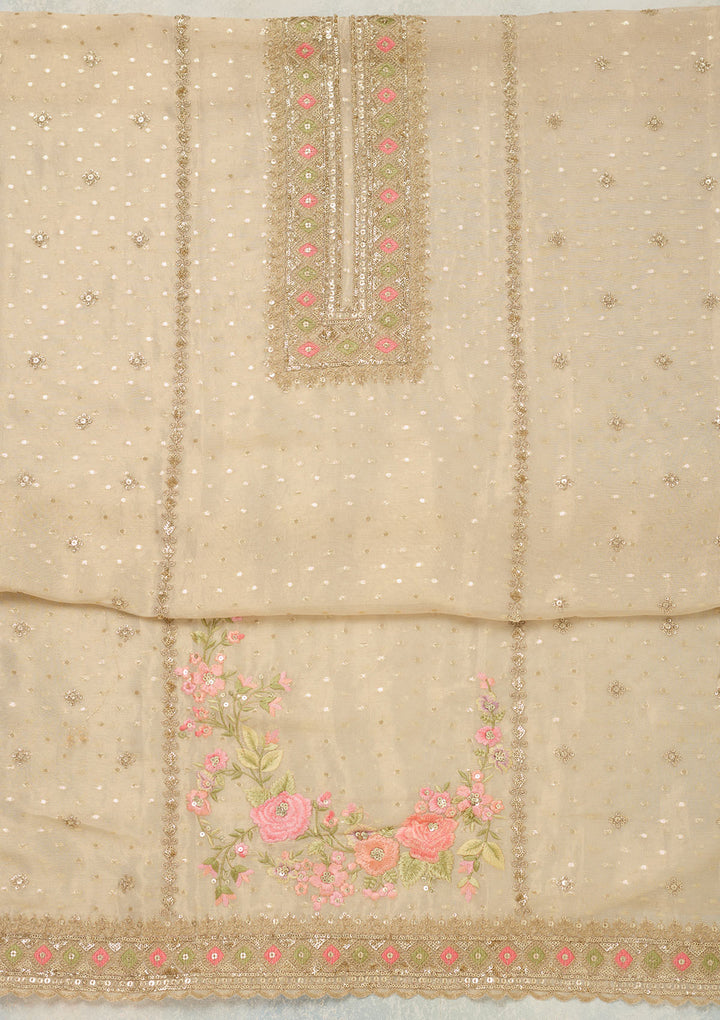 Beige Threadwork Tissue Unstitched Salwar Suit