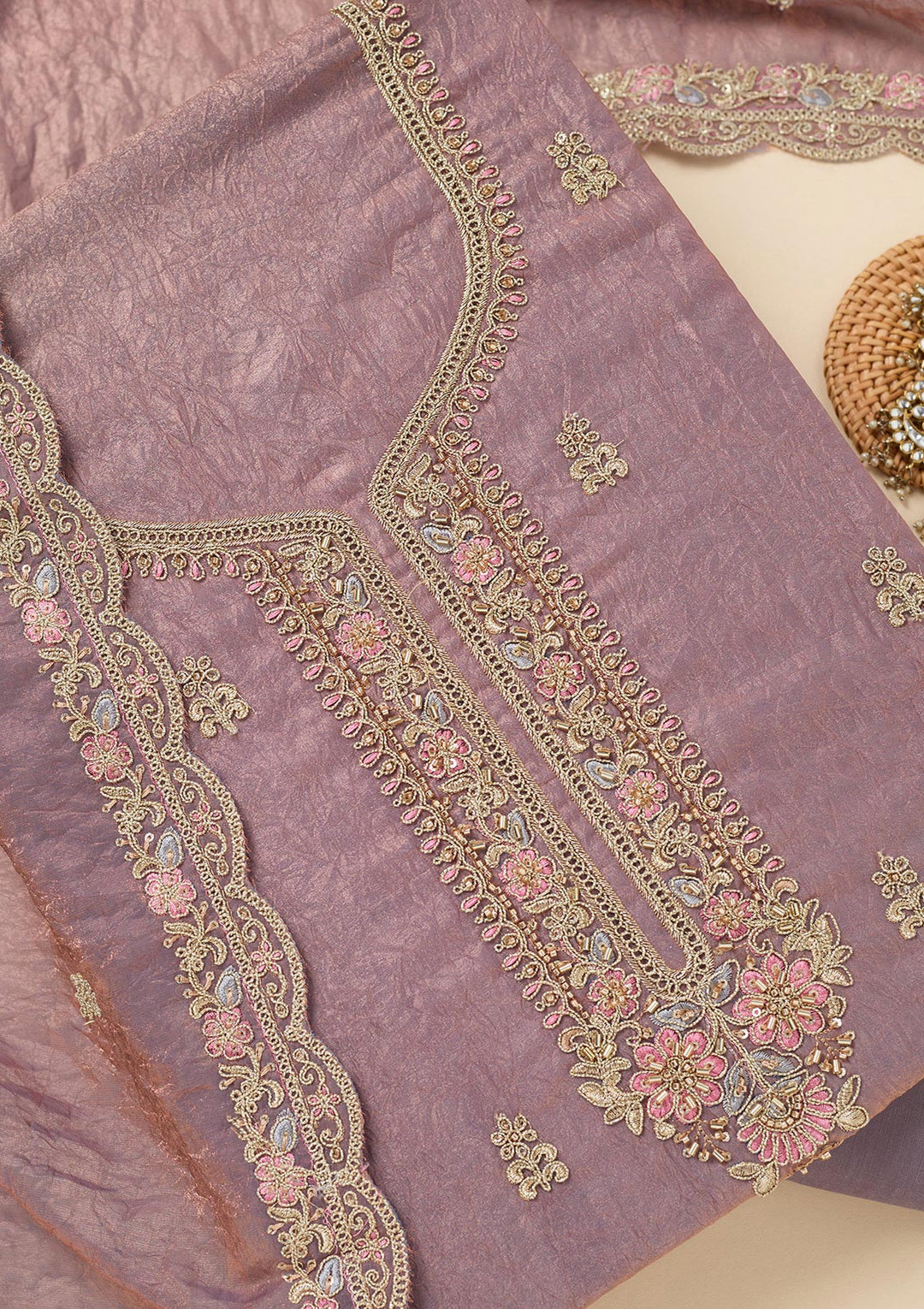 Lavender Aariwork Tissue Unstitched Salwar Suit