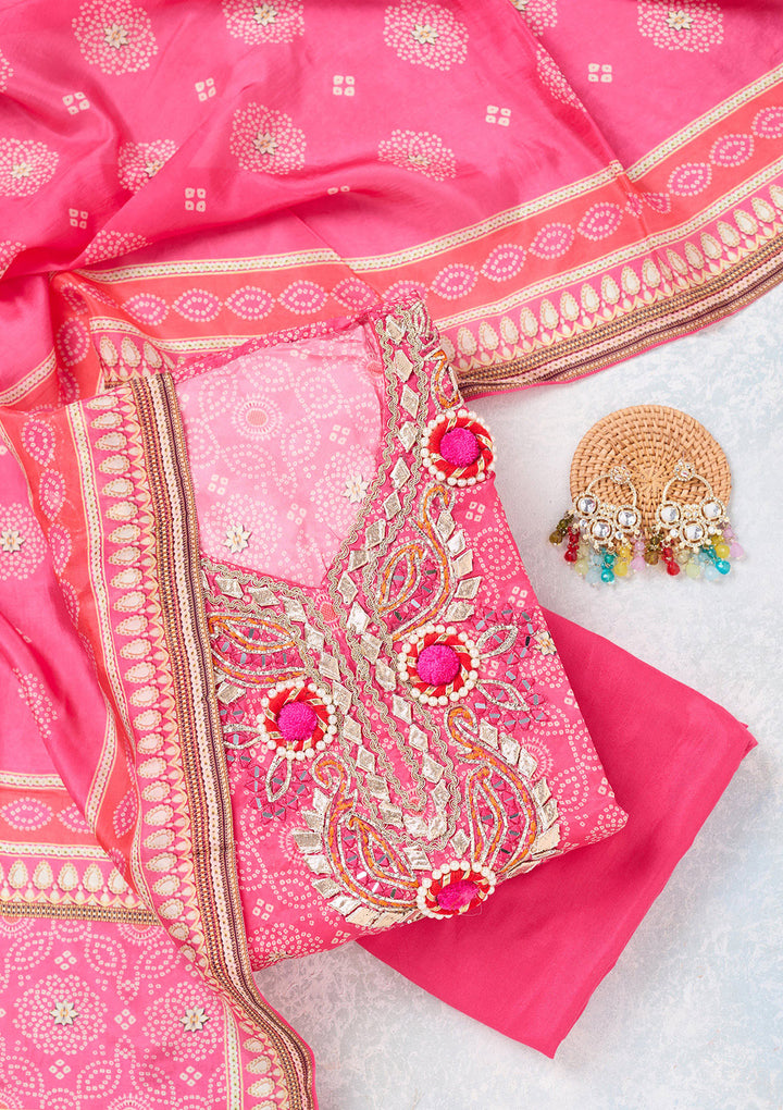 Rani Pink Zariwork Semi Crepe Unstitched Salwar Suit