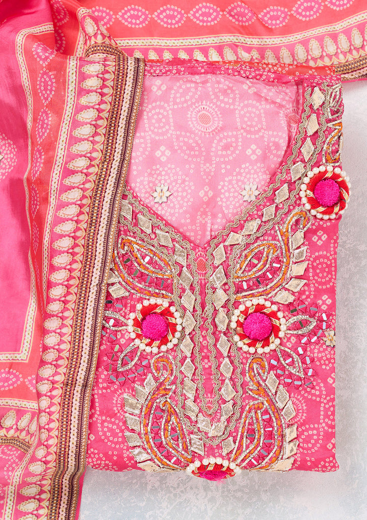 Rani Pink Zariwork Semi Crepe Unstitched Salwar Suit