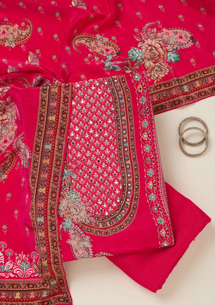 Rani Pink Zariwork Semi Crepe Unstitched Salwar Suit