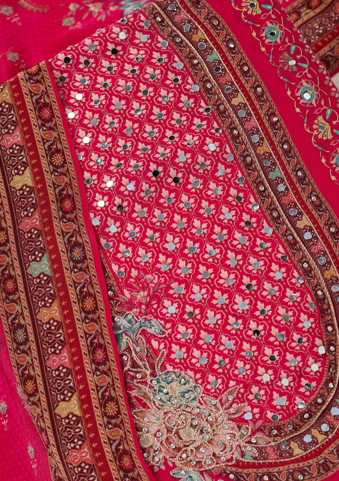 Rani Pink Zariwork Semi Crepe Unstitched Salwar Suit