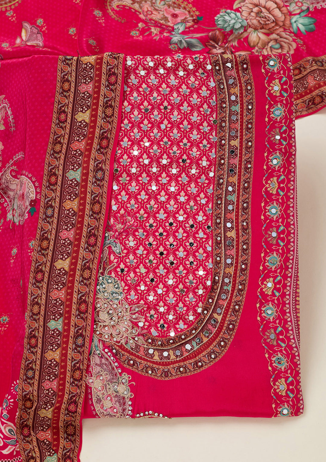 Rani Pink Zariwork Semi Crepe Unstitched Salwar Suit