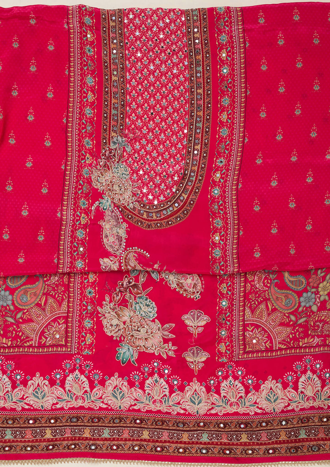 Rani Pink Zariwork Semi Crepe Unstitched Salwar Suit