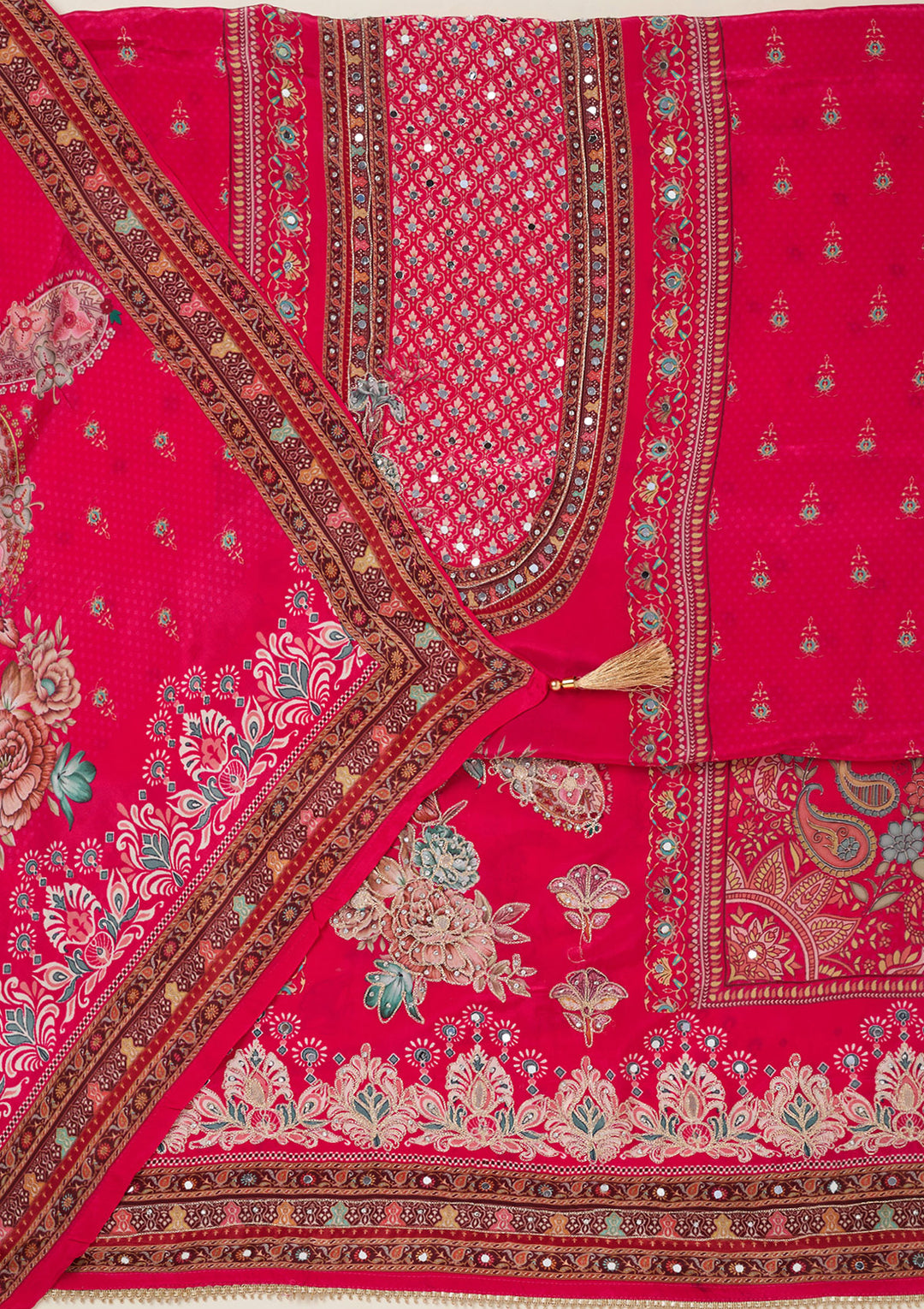 Rani Pink Zariwork Semi Crepe Unstitched Salwar Suit