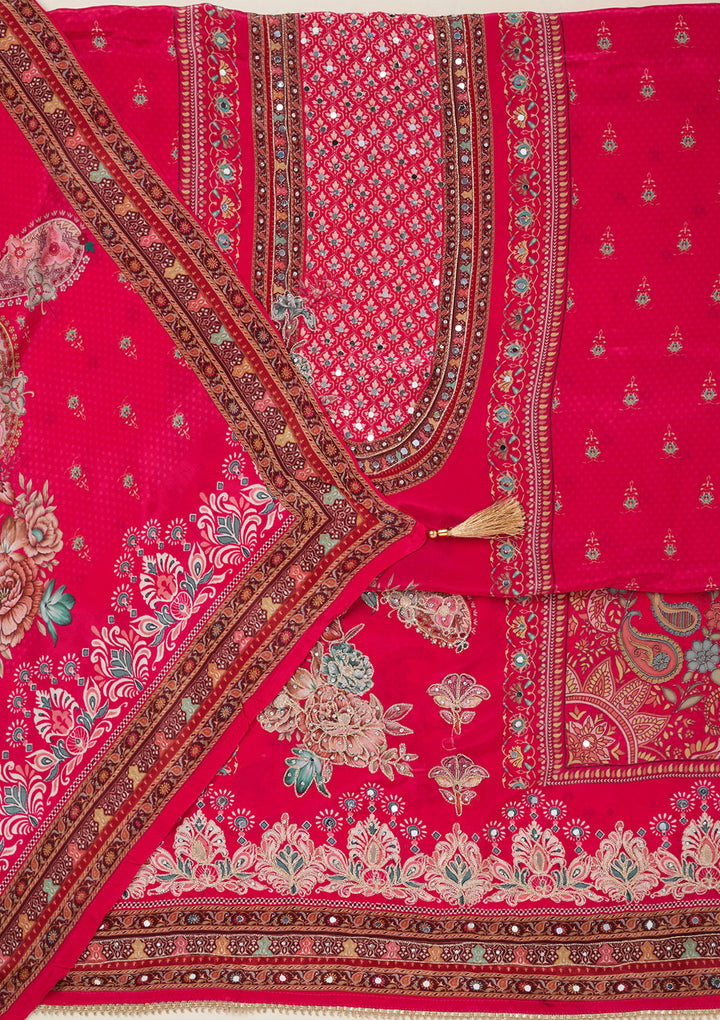 Rani Pink Zariwork Semi Crepe Unstitched Salwar Suit