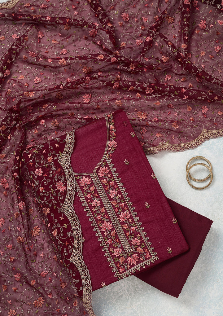 Wine Threadwork Tissue Unstitched Salwar Suit