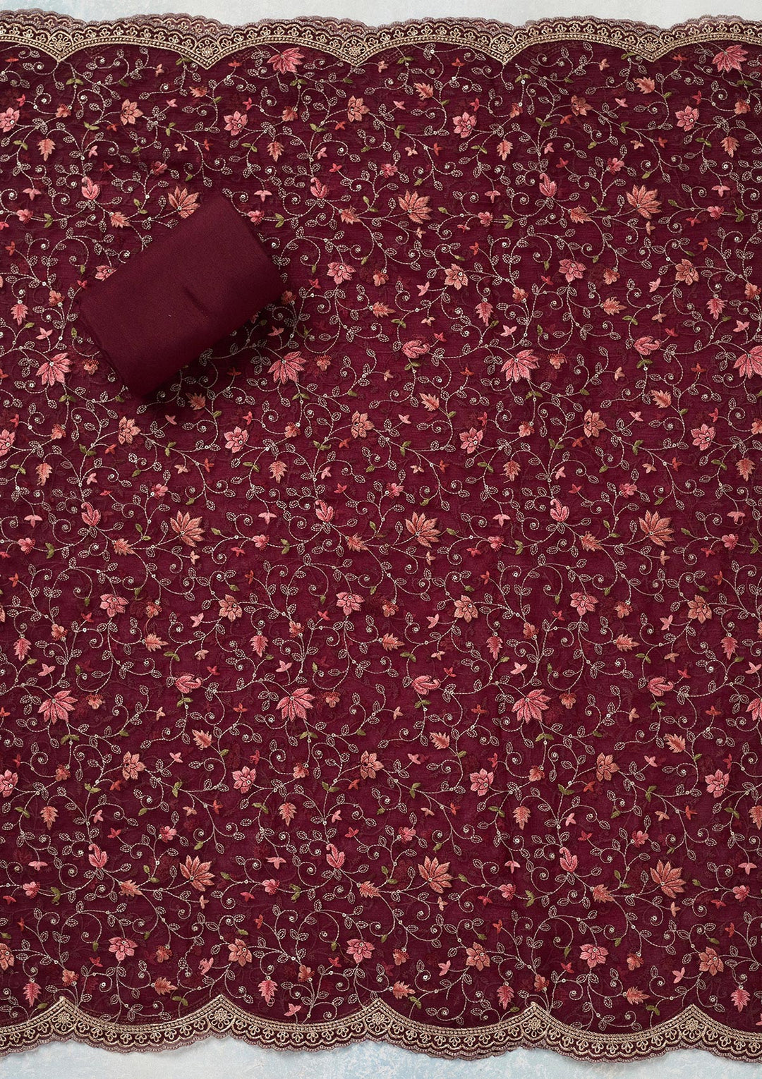 Wine Threadwork Tissue Unstitched Salwar Suit