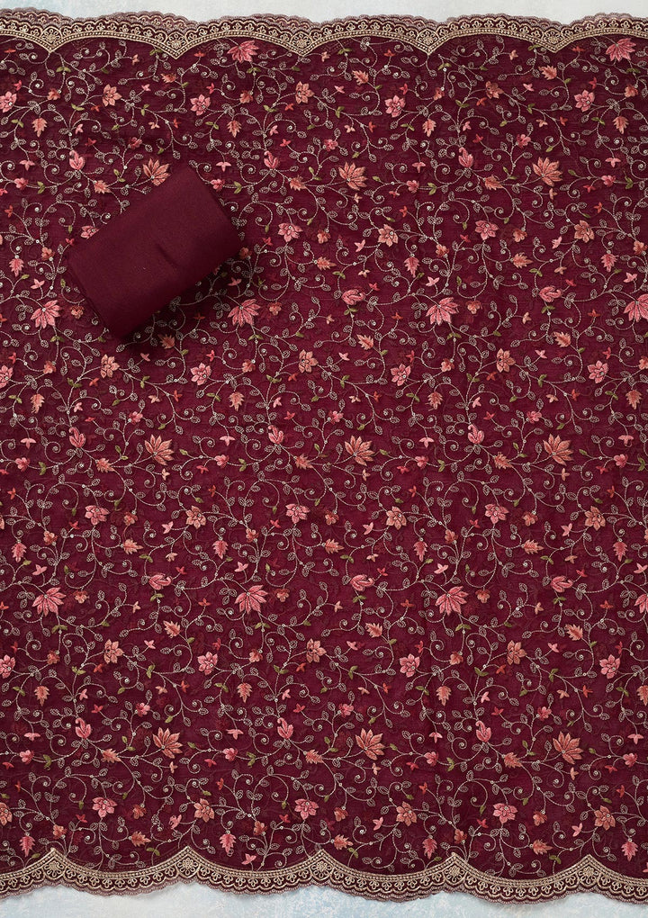 Wine Threadwork Tissue Unstitched Salwar Suit