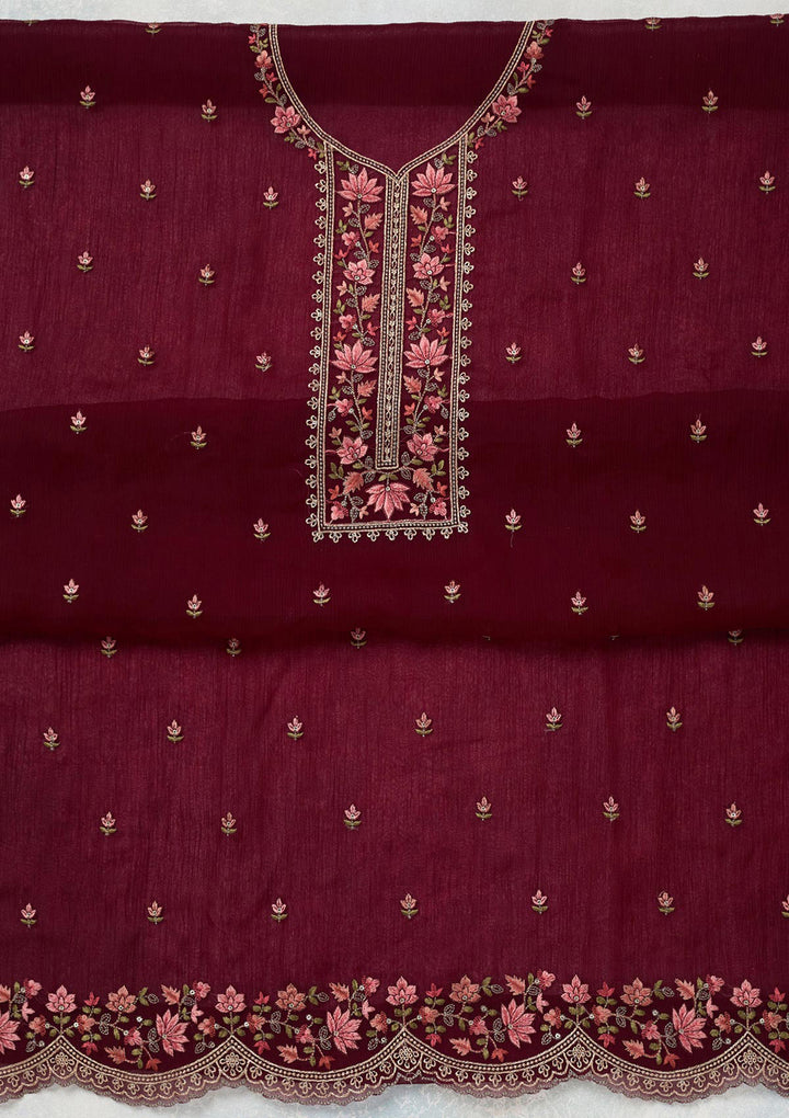 Wine Threadwork Tissue Unstitched Salwar Suit