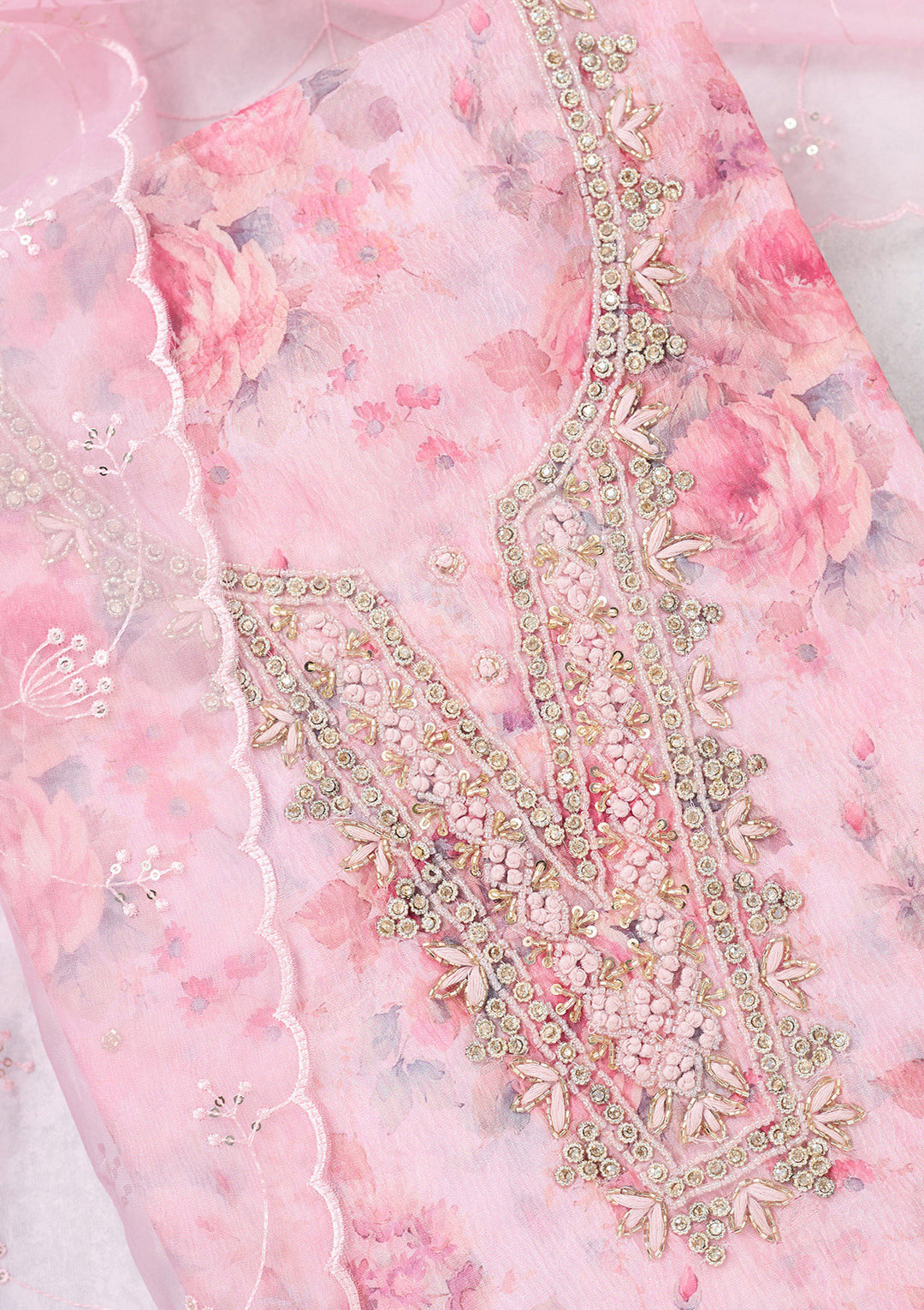 Baby Pink Aariwork Tissue Unstitched Salwar Suit