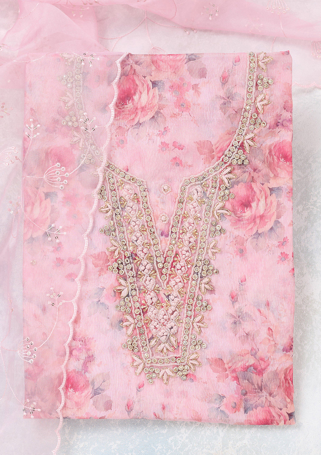 Baby Pink Aariwork Tissue Unstitched Salwar Suit