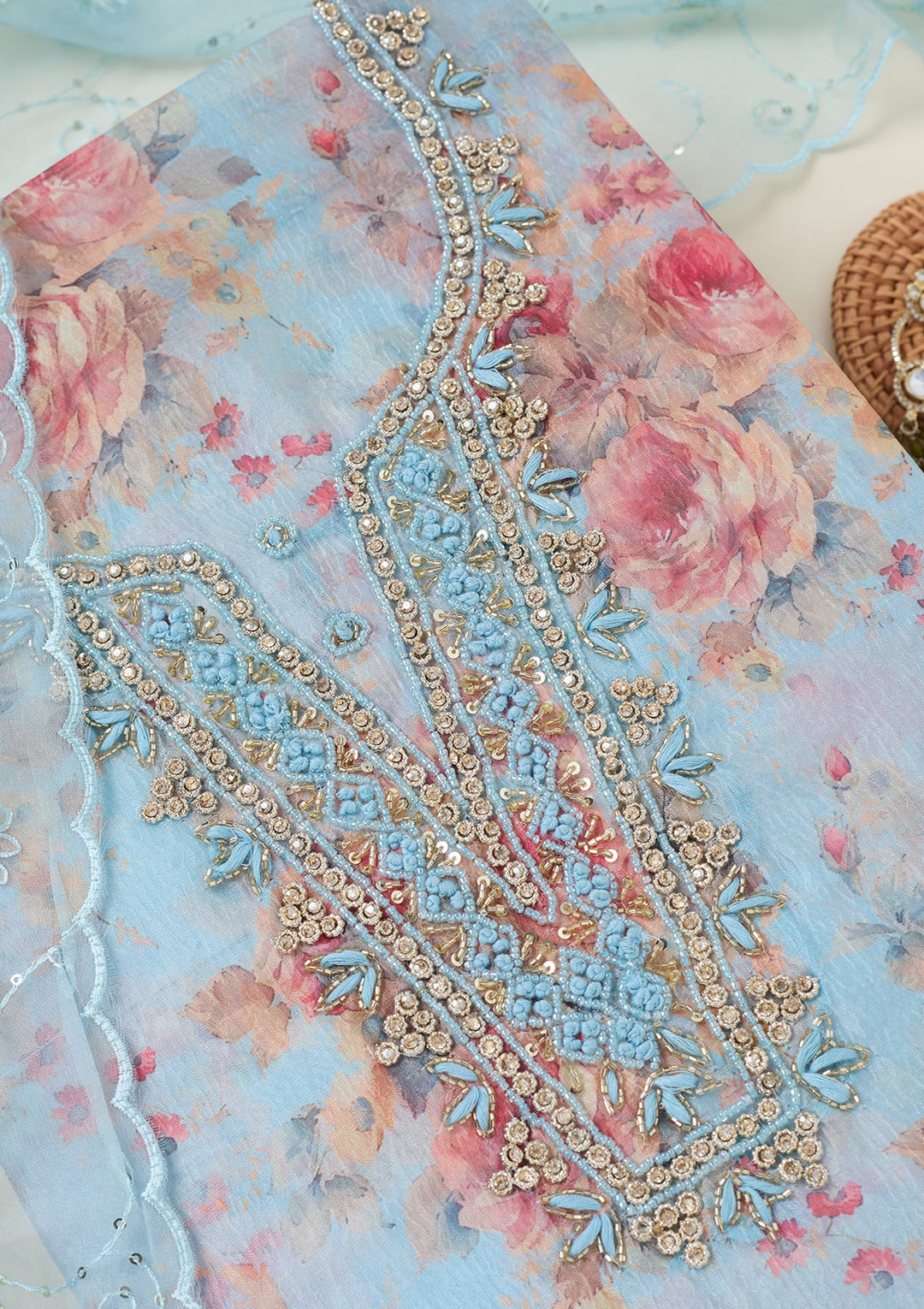 Sky Blue Aariwork Tissue Unstitched Salwar Suit