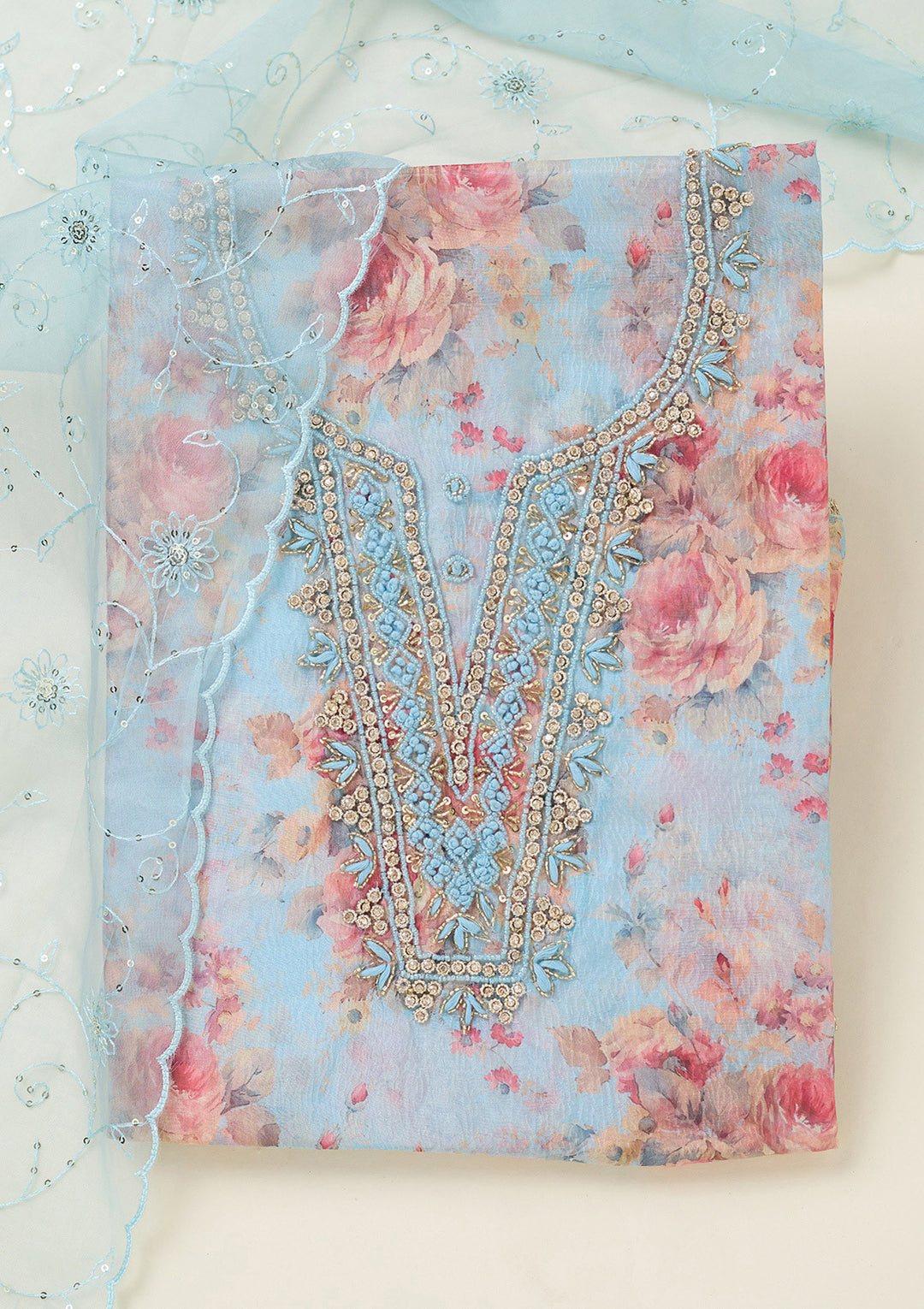 Sky Blue Aariwork Tissue Unstitched Salwar Suit