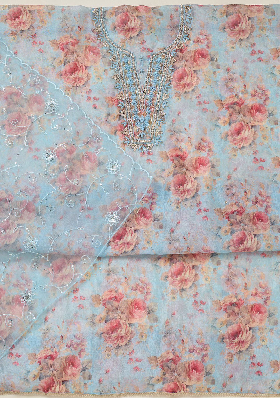 Sky Blue Aariwork Tissue Unstitched Salwar Suit