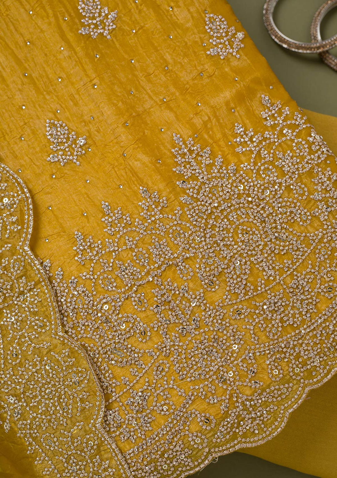 Mustard Threadwork Tissue Unstitched Salwar Suit