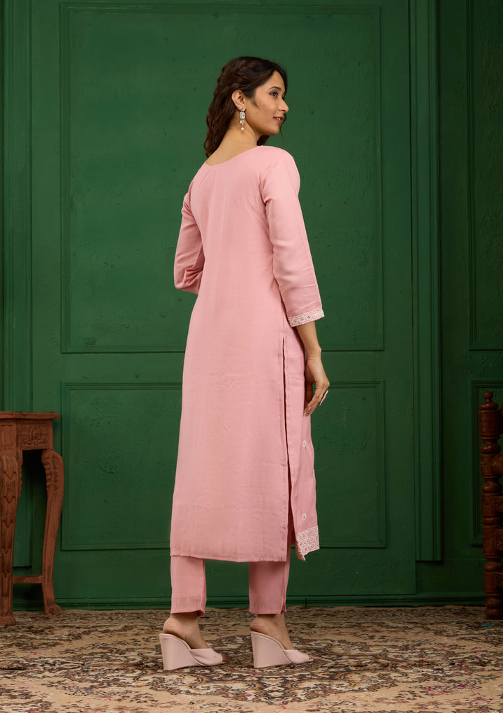 Baby Pink Threadwork Semi Crepe Readymade Salwar Suit