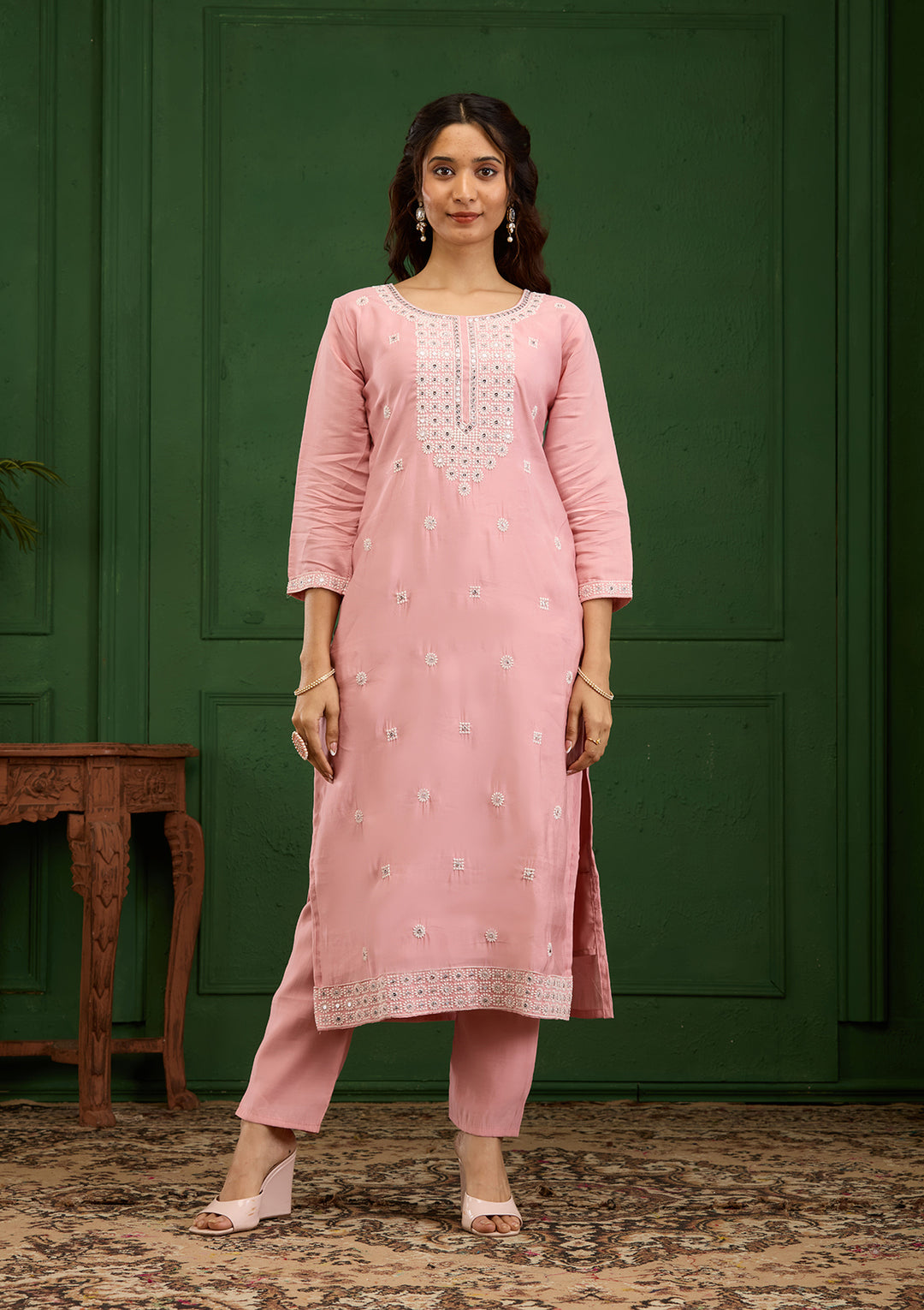 Baby Pink Threadwork Semi Crepe Readymade Salwar Suit