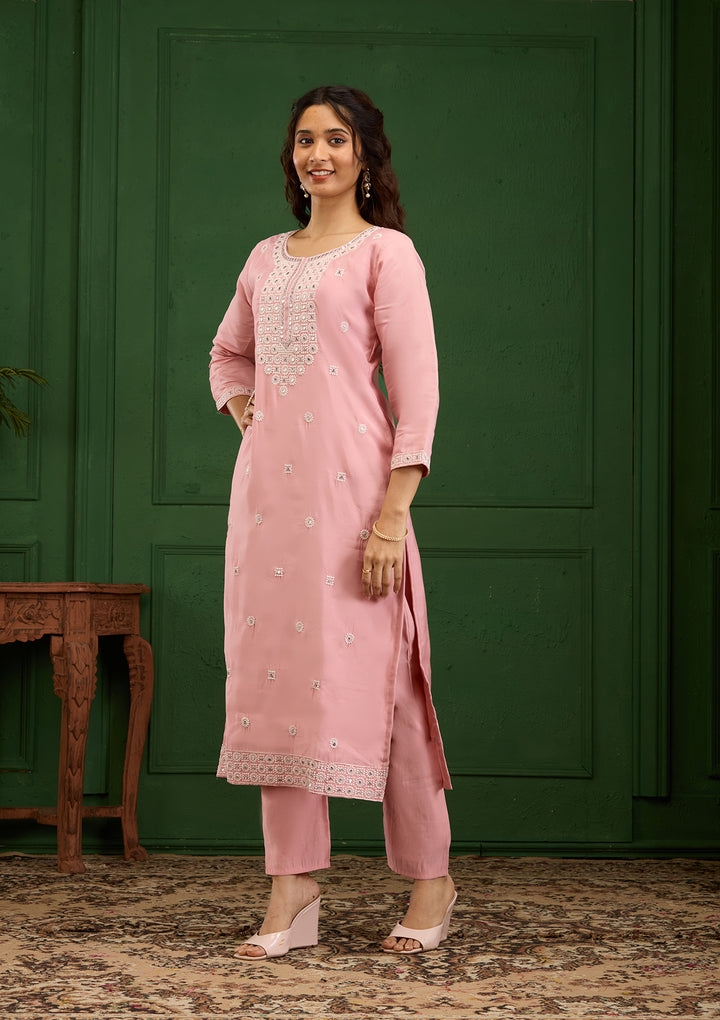 Baby Pink Threadwork Semi Crepe Readymade Salwar Suit