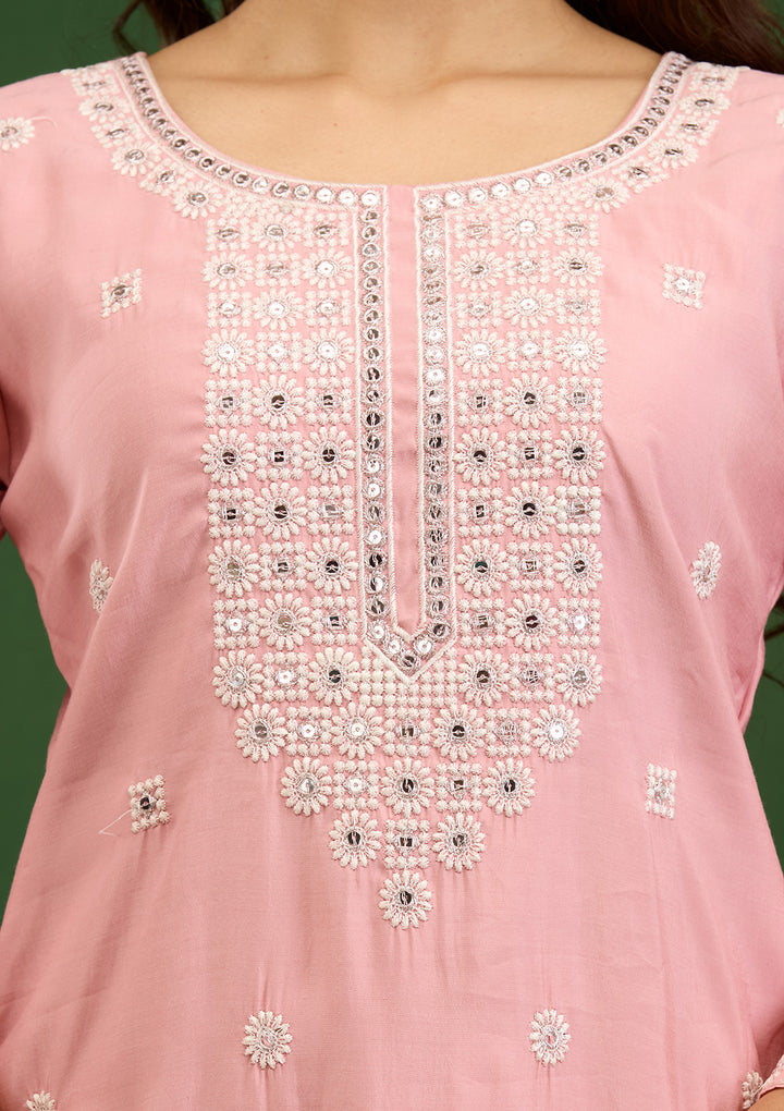 Baby Pink Threadwork Semi Crepe Readymade Salwar Suit