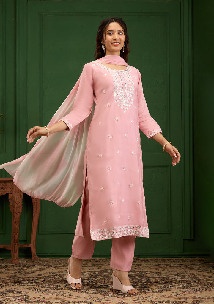 Baby Pink Threadwork Semi Crepe Readymade Salwar Suit