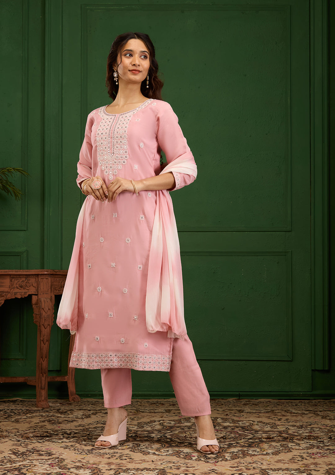 Baby Pink Threadwork Semi Crepe Readymade Salwar Suit