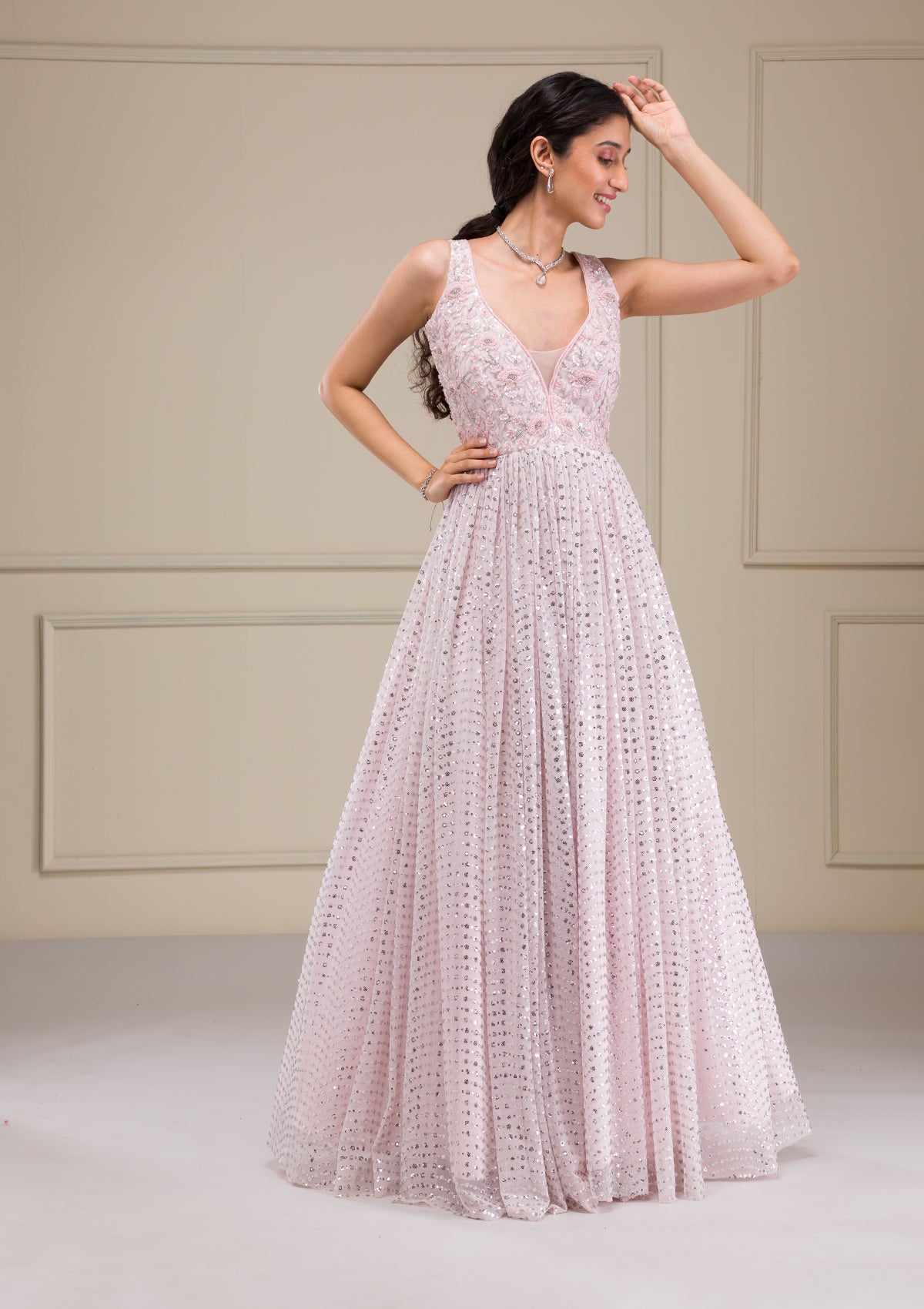 Baby Pink Cutdana Net Gown