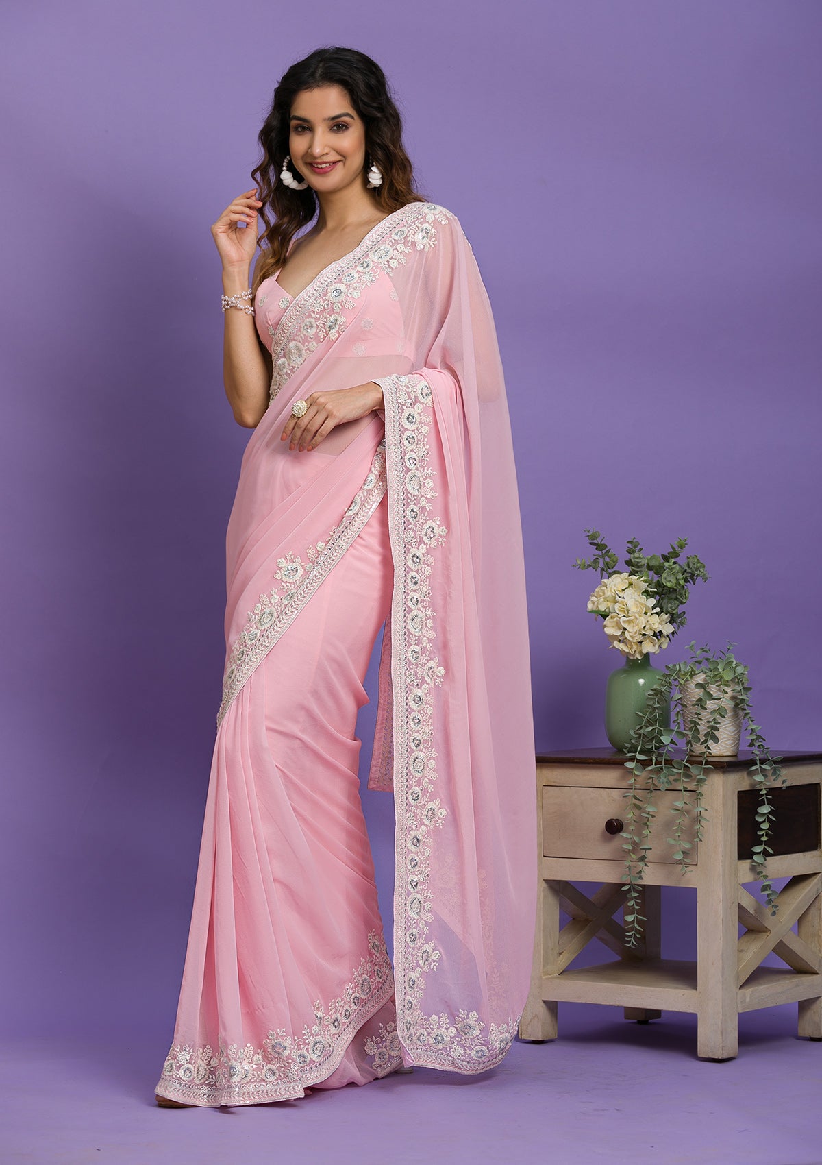 Buy Baby Pink Sequins Georgette Saree - Koskii