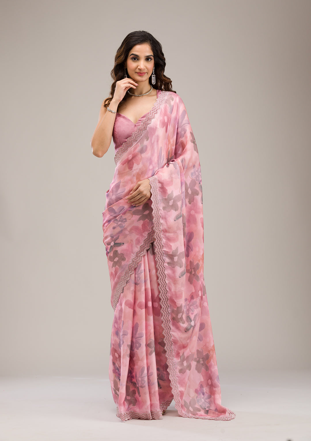 Baby Pink Stonework Satin Saree