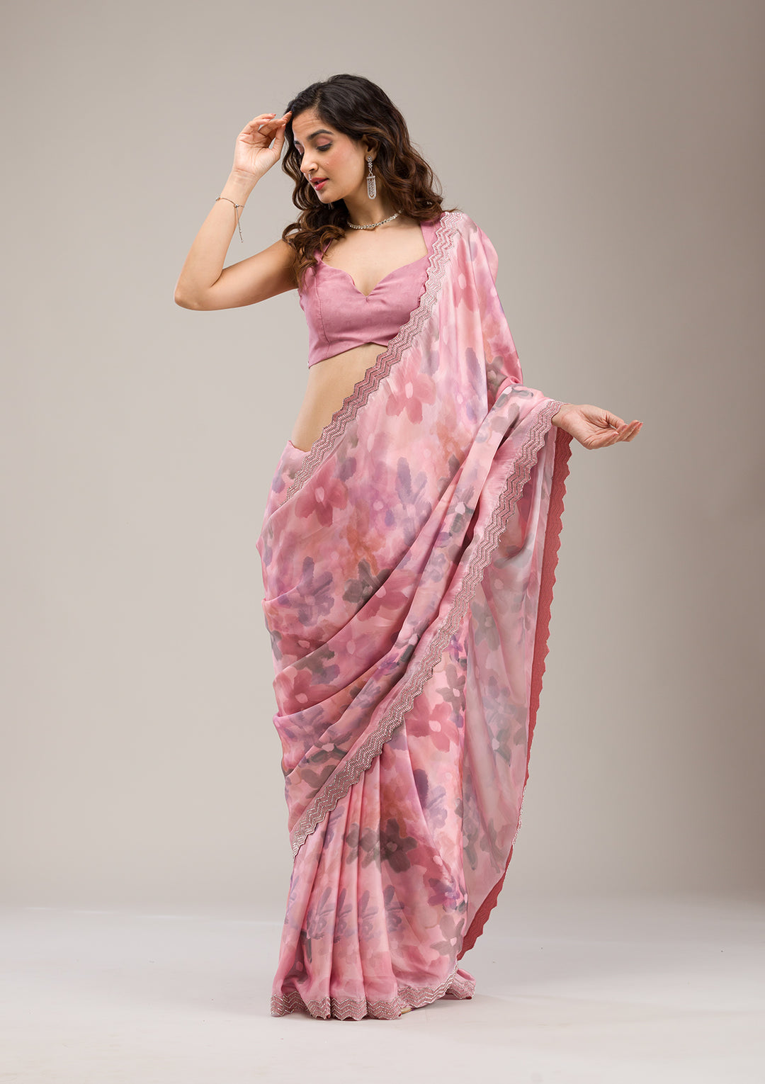 Baby Pink Stonework Satin Saree