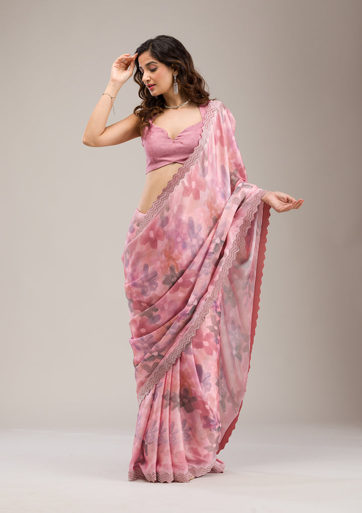 Baby Pink Stonework Satin Saree