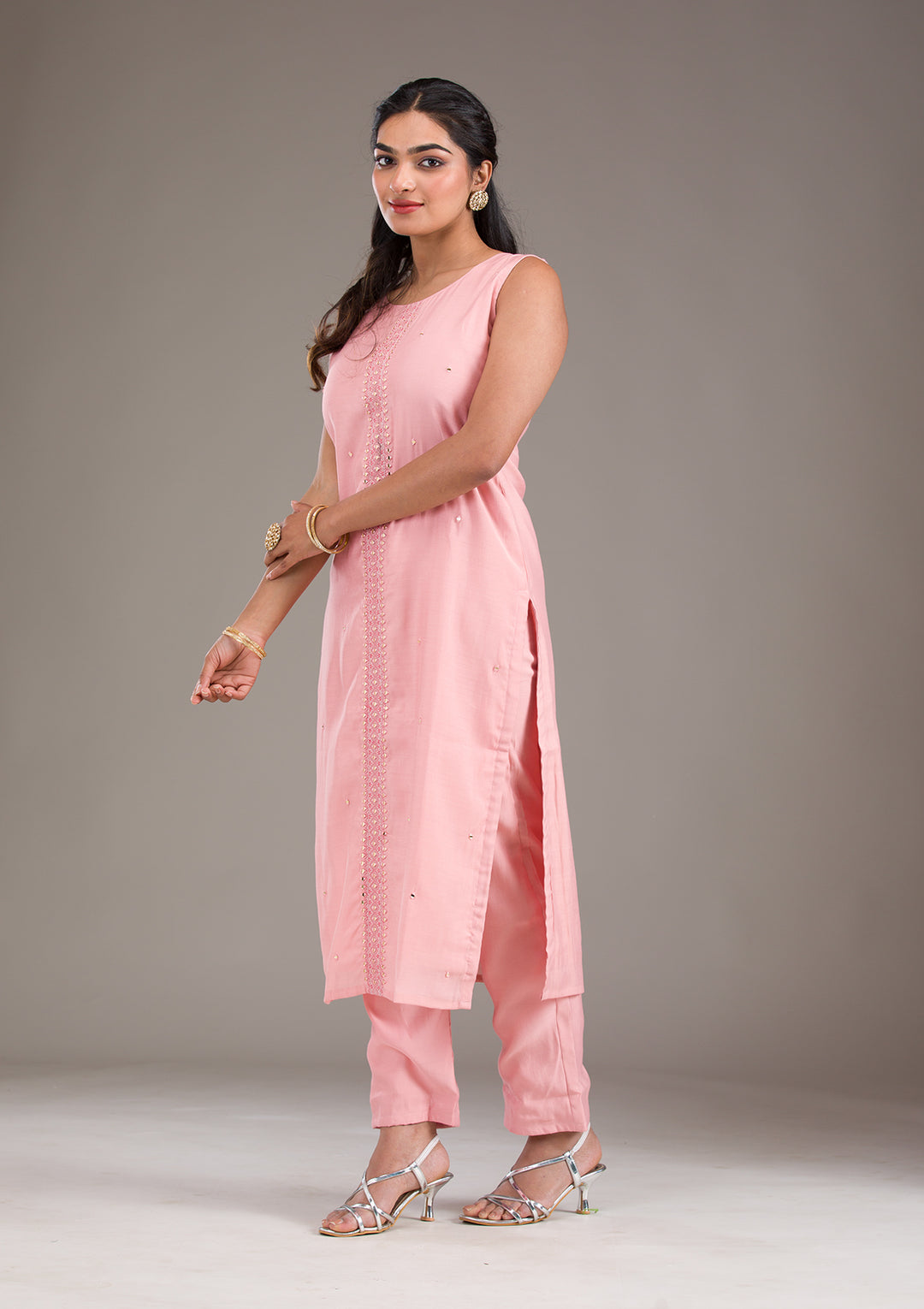 Baby Pink Threadwork Art Silk Readymade Salwar Suit