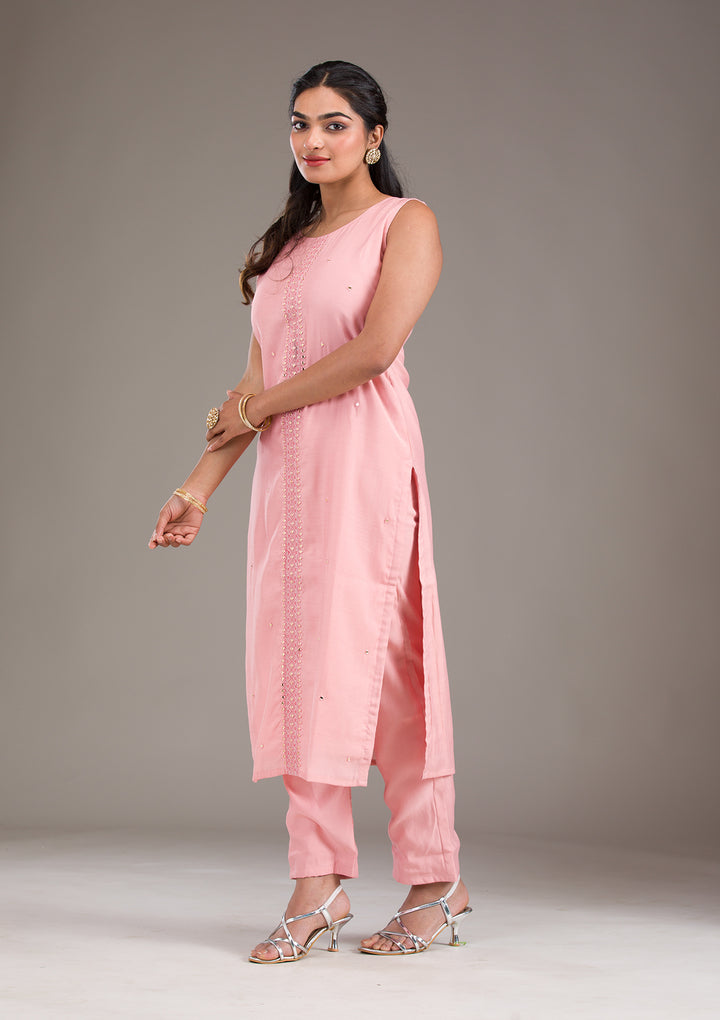 Baby Pink Threadwork Art Silk Readymade Salwar Suit