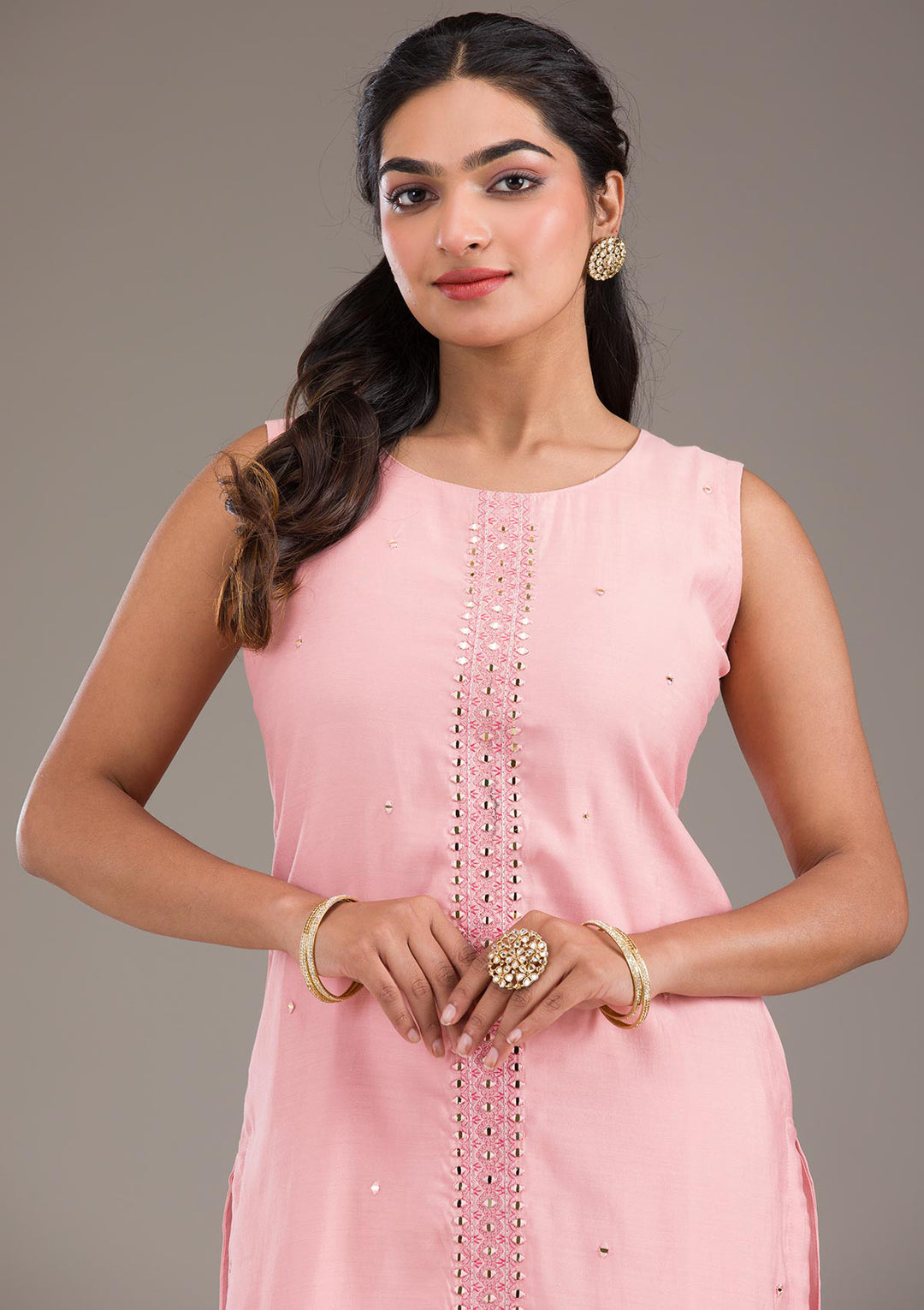 Baby Pink Threadwork Art Silk Readymade Salwar Suit