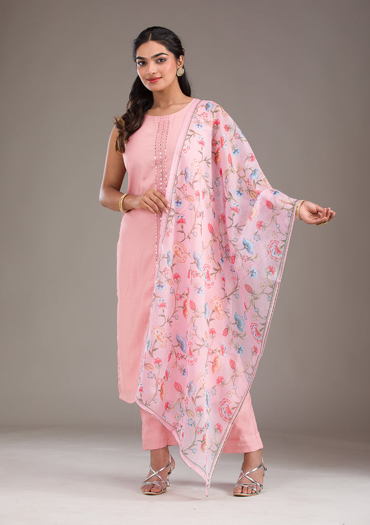Baby Pink Threadwork Art Silk Readymade Salwar Suit