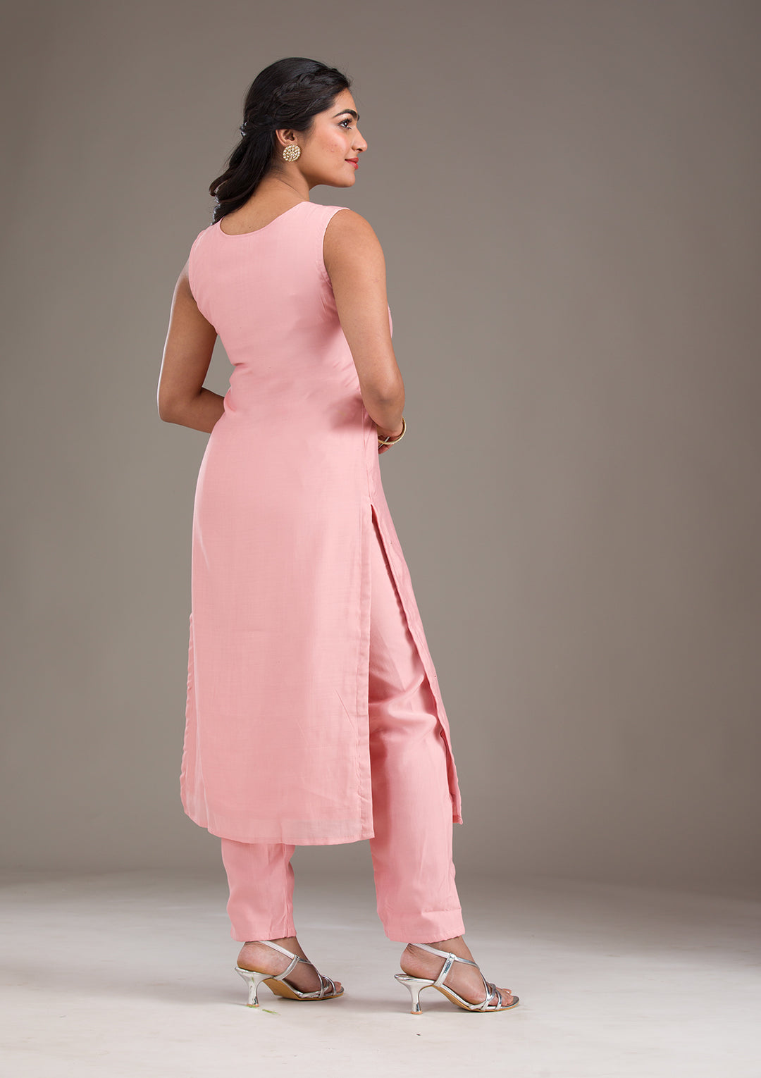 Baby Pink Threadwork Art Silk Readymade Salwar Suit