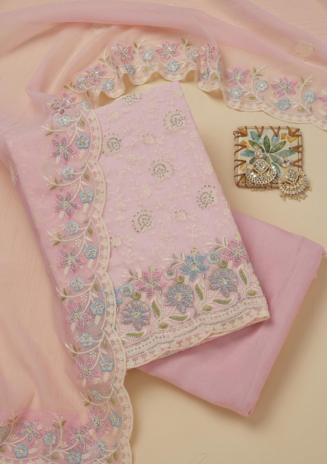 Baby Pink Threadwork Chiffon Unstitched Salwar Suit